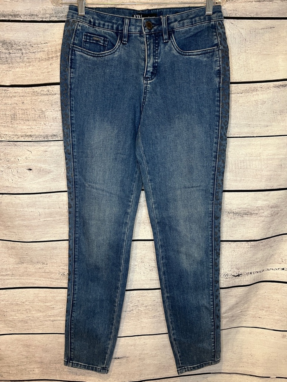 FDJ Olivia Slim Medium Blue Stretch Jeans With Leopard Animal Print Sides Size 4